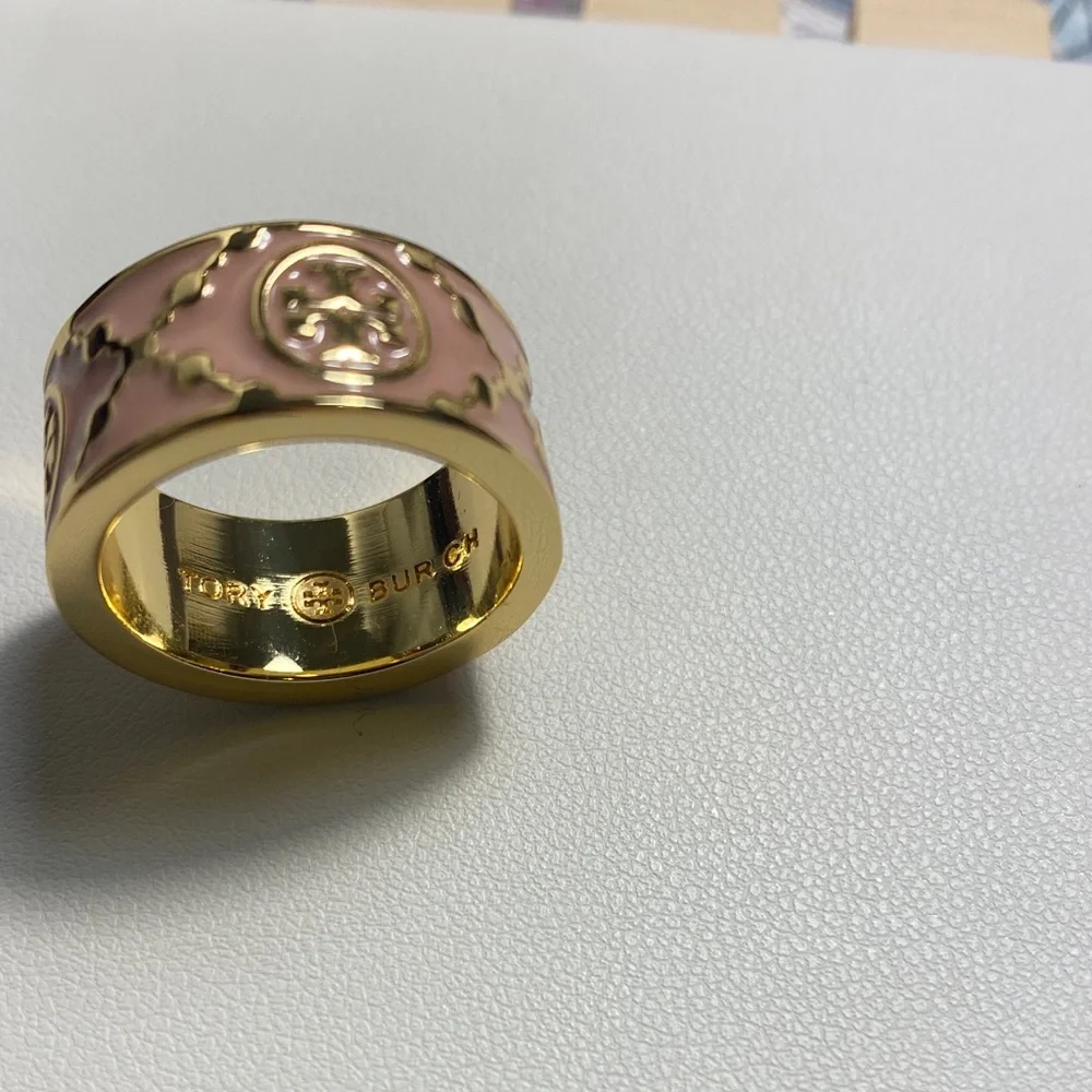 Tory Burch Baby Pink and Gold Band Kira Ring